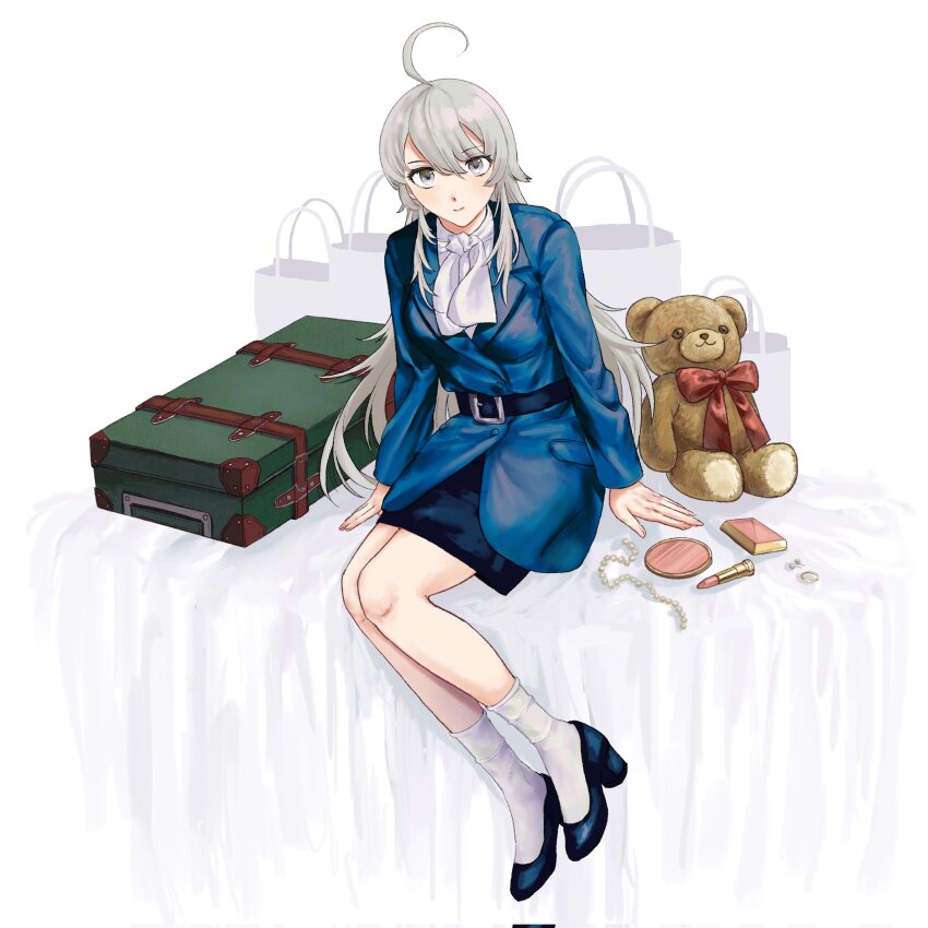 1girl ahoge bag black_shoes black_skirt blue_jacket closed_mouth commentary_request corrupted_twitter_file cosmetics grey_eyes grey_hair hair_between_eyes highres jacket kantai_collection lipstick_tube long_hair long_sleeves looking_at_viewer nidou shoes shopping_bag sitting skirt socks solo stuffed_animal stuffed_toy suitcase teddy_bear washington_(kancolle) white_socks