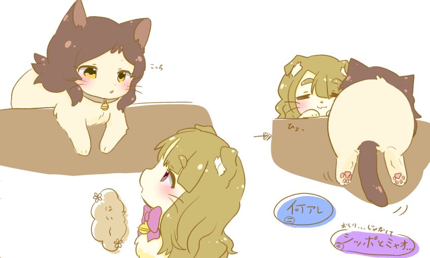 animal animal_collar animal_focus animalization arrow_(symbol) bell blush bow bowtie brown_eyes brown_hair cat closed_eyes collar highres hutaba idolmaster idolmaster_million_live! kitazawa_shiho long_hair miyao_miya neck_bell no_humans parted_lips pink_bow pink_bowtie simple_background speech_bubble translation_request white_background