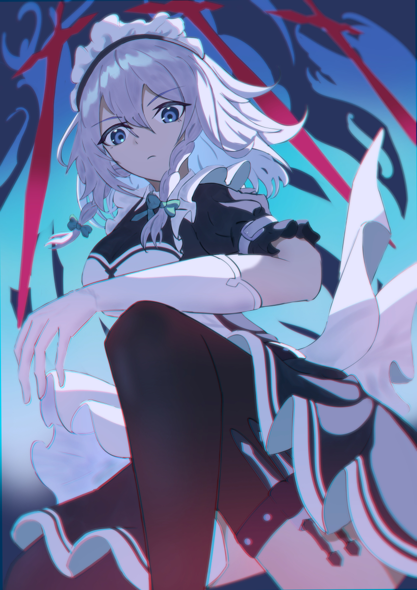 1girl absurdres belt black_shirt black_skirt black_thighhighs blue_eyes bow braid closed_mouth elbow_gloves frilled_skirt frills gloves grey_bow grey_hair hair_between_eyes hair_bow highres izayoi_sakuya knife leg_up light_frown maid_headdress medium_hair pleated_skirt puffy_short_sleeves puffy_sleeves shirt short_sleeves side_braid skirt solo tachyon663504 thigh_belt thigh_sheath thigh_strap thighhighs touhou white_gloves