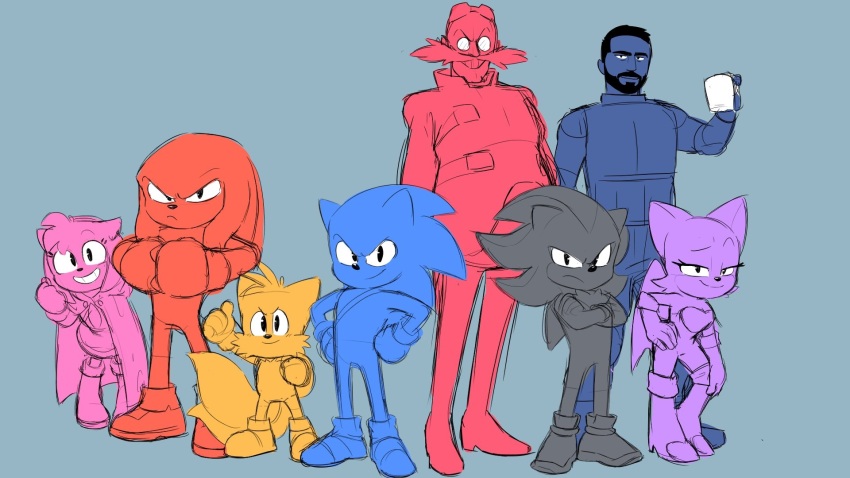 agent_stone amy_rose backpack bag bat_(animal) coffee dr._eggman echidna_(animal) facial_hair fox gloves hedgehog highres hood jim_carrey knuckles_the_echidna mustache paramount_pictures rouge_the_bat sega shadow_the_hedgehog shoes sketch socks sonic_(live_action) sonic_(series) sonic_the_hedgehog sonic_the_hedgehog_(film) sonic_the_hedgehog_2_(film) sonic_the_hedgehog_3_(film) tails_(sonic) wings