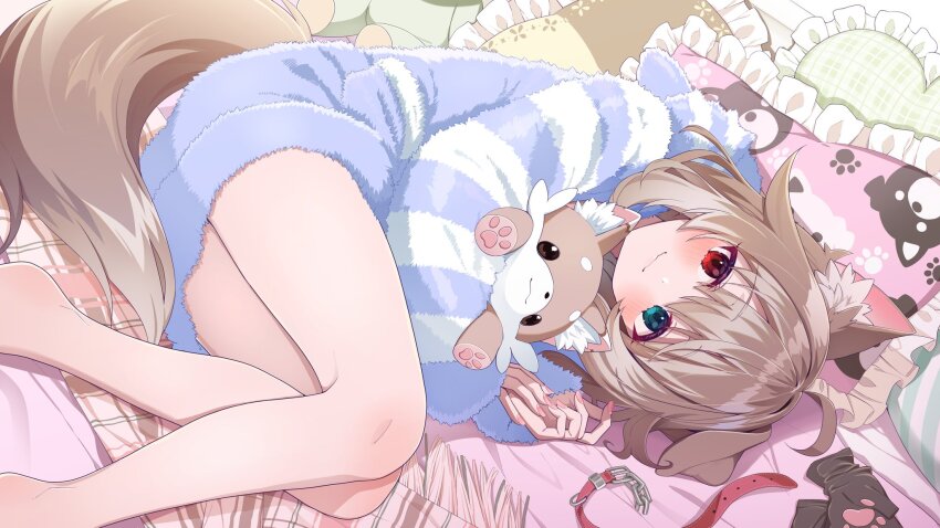 1girl animal_ears animal_print barefoot blue_eyes blue_hoodie blush brown_hair dog_ears dog_girl dog_print dog_tail feet_out_of_frame fetal_position fluffy_clothes frilled_pillow frills gloves hasuki_rui heterochromia highres hood hood_down hoodie hugging_doll hugging_object indie_virtual_youtuber itaboon long_sleeves looking_at_viewer loungewear lying medium_hair multicolored_hair on_side pillow red_eyes second-party_source single_ear_down smile striped_clothes striped_hoodie stuffed_animal stuffed_dog stuffed_toy tail two-tone_hair unworn_collar unworn_gloves virtual_youtuber