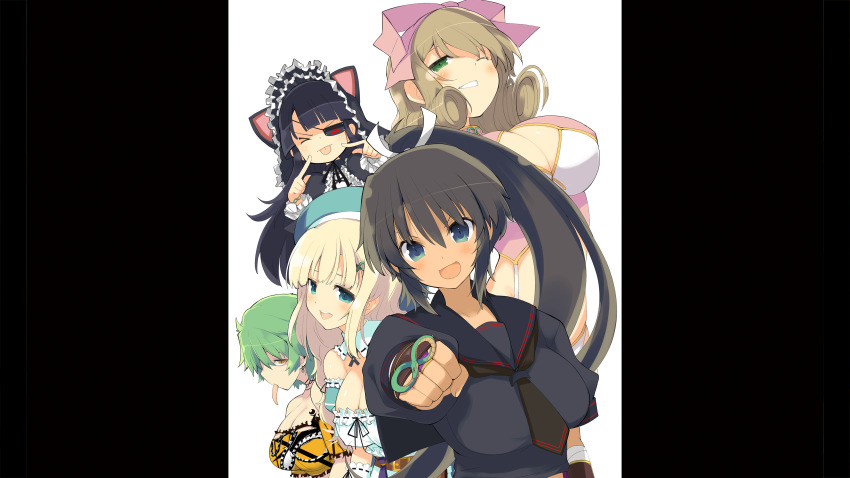 &gt;_&lt; 5girls absurdres animal_ears animal_hood apron arm_wrap bare_shoulders black_neckerchief black_serafuku black_shirt blonde_hair blunt_bangs breasts brown_gloves brown_hair cat_ears cat_hood cleavage cleavage_cutout clenched_hand closed_eyes clothing_cutout curly_hair dark-skinned_female dark_skin dress eyepatch fingerless_gloves game_cg garter_straps gloves green_dress green_eyes green_hair green_hat hair_ornament hair_ribbon hair_tie hairclip haruka_(senran_kagura) hat highres hikage_(senran_kagura) holding homura_(senran_kagura) hood large_breasts light_blush long_hair looking_at_viewer medium_hair mirai_(senran_kagura) multiple_girls neckerchief non-web_source official_art one_eye_closed open_mouth orange_shirt ouroboros panties pillarboxed pink_ribbon pink_shirt ponytail puffy_sleeves ribbon school_uniform senran_kagura senran_kagura_burst serafuku shirt short_hair slit_pupils smile snake_hair_ornament strapless swept_bangs tan tattoo tongue tongue_out tube_top underwear white_apron white_background white_panties yaegashi_nan yellow_eyes yomi_(senran_kagura)