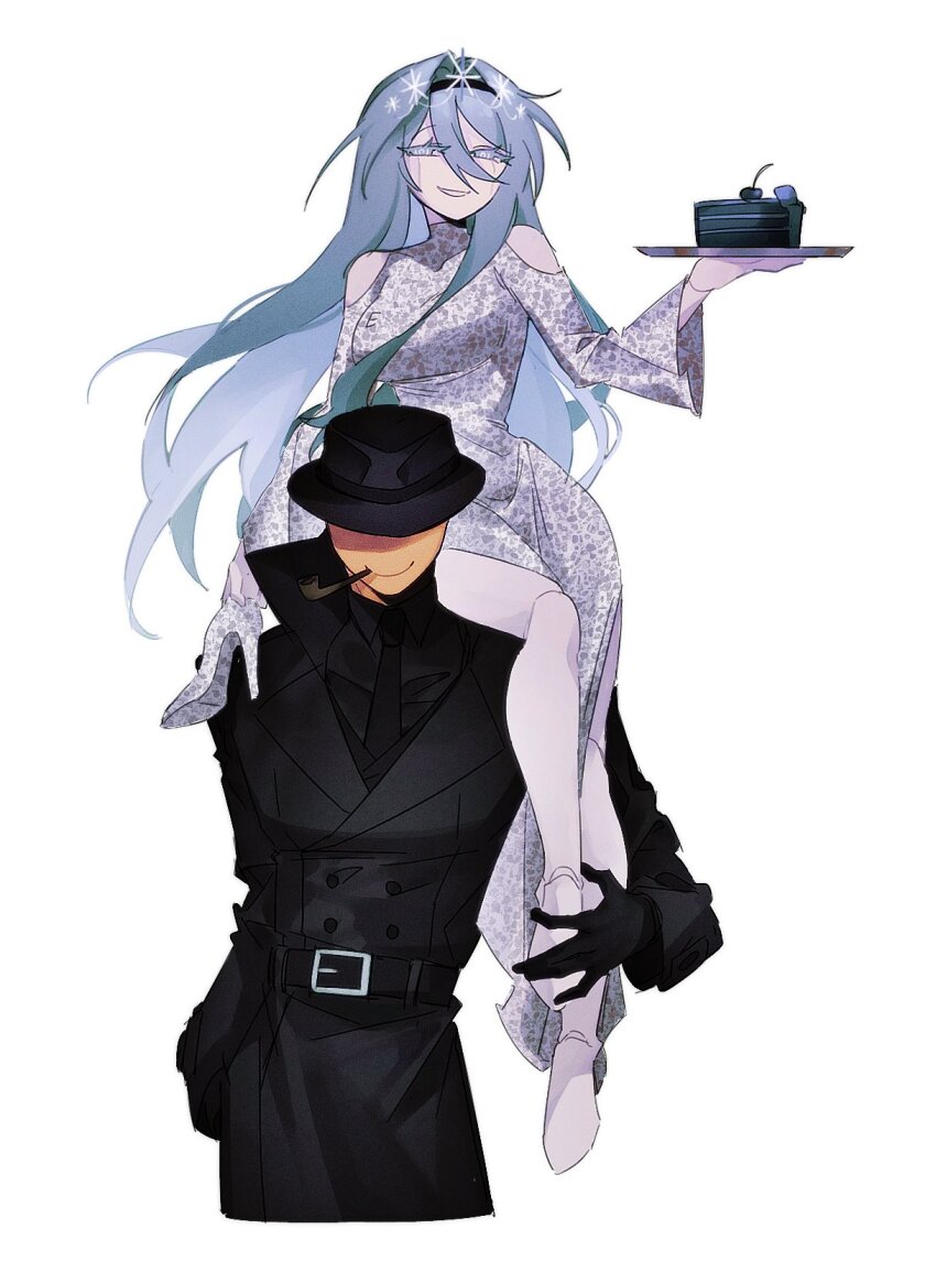 1girl air_zizon belt black_belt black_coat black_gloves black_hairband black_hat black_necktie black_shirt blue_eyes blue_hair cake cake_slice closed_mouth clothing_cutout coat collared_shirt colored_skin crown dress eunoia_(frozen_soul) fedora food frozen_soul gloves grin hairband hand_up hat highres holding holding_tray long_hair looking_at_viewer mafioso_(frozen_soul) necktie roblox shirt shoulder_cutout side_slit sitting_on_shoulder smile smoking_pipe solo tray very_long_hair white_dress white_skin yellow_skin