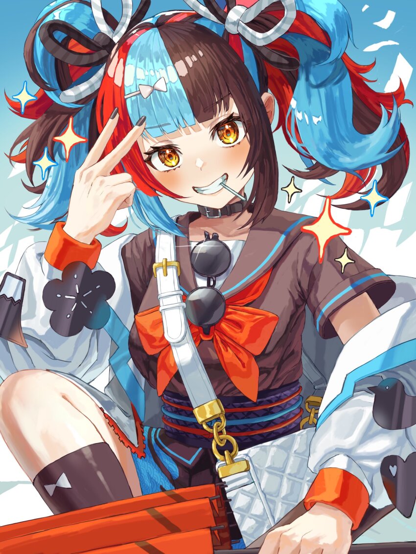 1girl bag black_hair black_sailor_collar black_shirt blue_hair candy choker eyewear_hang fate/grand_order fate_(series) food highres itomaru_902 jacket lollipop long_hair multicolored_hair off_shoulder red_hair sailor_collar sei_shounagon_(fate) sei_shounagon_(first_ascension)_(fate) shirt shoulder_bag smile solo sunglasses twintails unworn_eyewear v white_bag white_jacket yellow_eyes