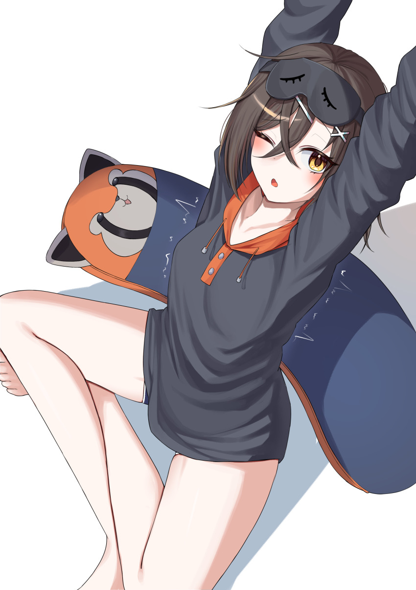 1girl ;o absurdres animal-shaped_pillow arms_up bare_legs black_hoodie blush brown_eyes brown_hair christina_brecht commentary commission counter:side crossed_bangs drawstring foot_out_of_frame from_above furrowed_brow hair_between_eyes hair_ornament hairclip highres hood hood_down hoodie indian_style jinggun long_sleeves looking_at_viewer looking_up mask mask_on_head medium_hair official_alternate_costume one_eye_closed open_mouth orange_hoodie pillow shadow short_shorts shorts sitting sleep_mask solo stretching trembling two-tone_hoodie white_background x_hair_ornament