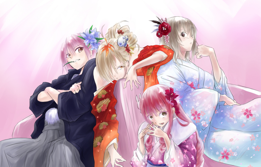 10s 4girls adenokouji_nadeshiko binbougami_ga! blonde_hair brown_eyes crossed_arms floral_print flower furisode hair_flower hair_ornament hakama hakama_skirt haori japanese_clothes kanzashi kimono long_hair momiji_(binbougami_ga!) multiple_girls negresco new_year obi pink_hair red_hair rindou_ranmaru sakura_ichiko sash short_hair silver_hair sitting skirt