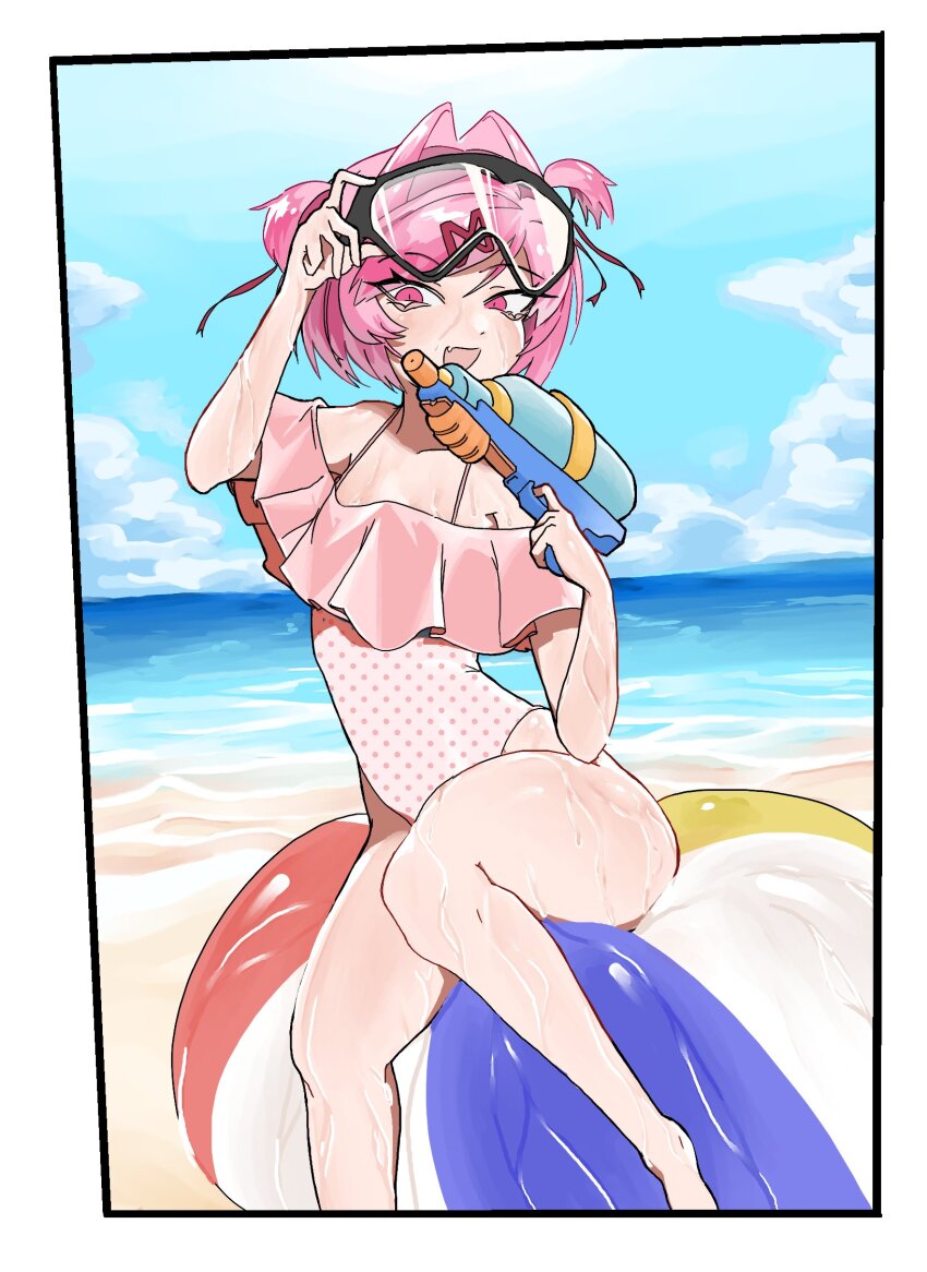 1girl :d adjusting_eyewear ball bare_shoulders barefoot beach beachball bikini black_border blue_sky bob_cut border breasts cloud collarbone commentary cumulonimbus_cloud day diving_mask diving_mask_on_head doki_doki_literature_club english_commentary exspiravitbag eyelashes eyewear_on_head fang finger_on_trigger foot_out_of_frame frilled_one-piece_swimsuit frills goggles goggles_on_head hair_intakes hair_ornament hair_ribbon hand_up highleg highleg_one-piece_swimsuit highres holding holding_water_gun horizon looking_at_viewer natsuki_(doki_doki_literature_club) ocean off-shoulder_one-piece_swimsuit off_shoulder one-piece_swimsuit open_mouth pink_eyes pink_hair pink_one-piece_swimsuit polka_dot_one-piece_swimsuit red_ribbon ribbon sand short_hair sitting sitting_on_ball skin_fang sky small_breasts smile solo swept_bangs swimsuit thighs twintails two-tone_one-piece_swimsuit two_side_up water water_gun wet white_border white_one-piece_swimsuit x_hair_ornament