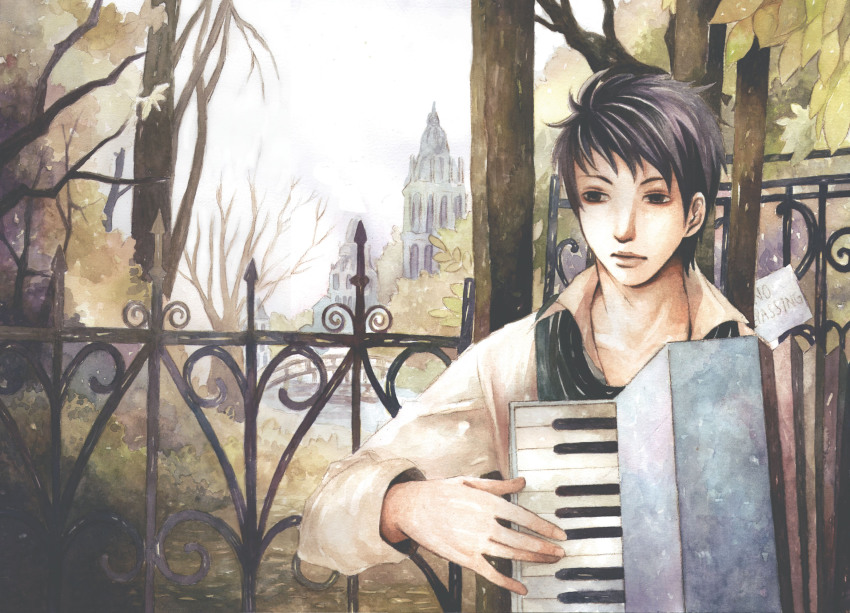 black_eyes black_hair highres male_focus scenery traditional tree