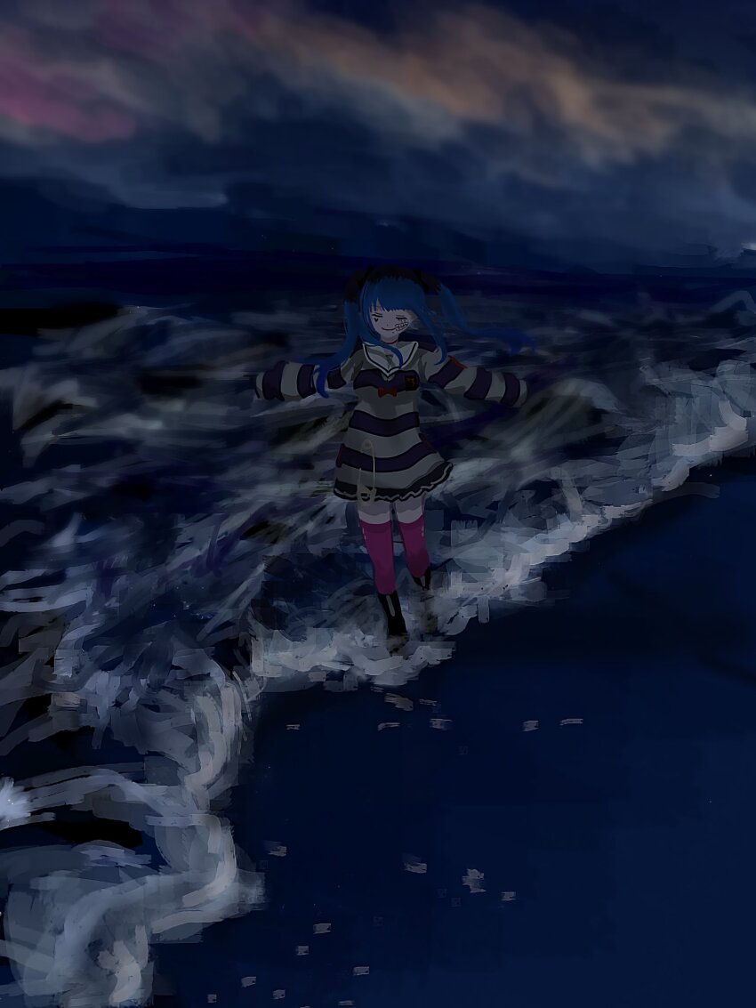 1girl amemiya_darumi arms_out_to_sides beach black_hair blue_hair closed_eyes closed_mouth cloud cloudy_sky female_focus full_body highres long_hair makeup ocean outdoors outstretched_arms pink_thighhighs safety_pin shirt sky solo solo_focus standing striped_clothes striped_shirt the_hundred_line_-last_defense_academy- thighhighs twintails water waves