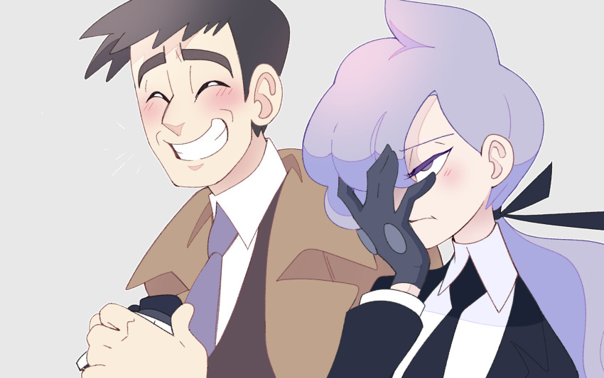 1boy 1girl anabel_(pokemon) binoculars black_gloves black_hair blush closed_eyes collared_shirt gloves grey_background hair_ribbon hand_on_own_face highres holding holding_binoculars looker_(pokemon) necktie nintendo pokemon pokemon_sm purple_eyes ribbon shirt smile teeth vergolophus