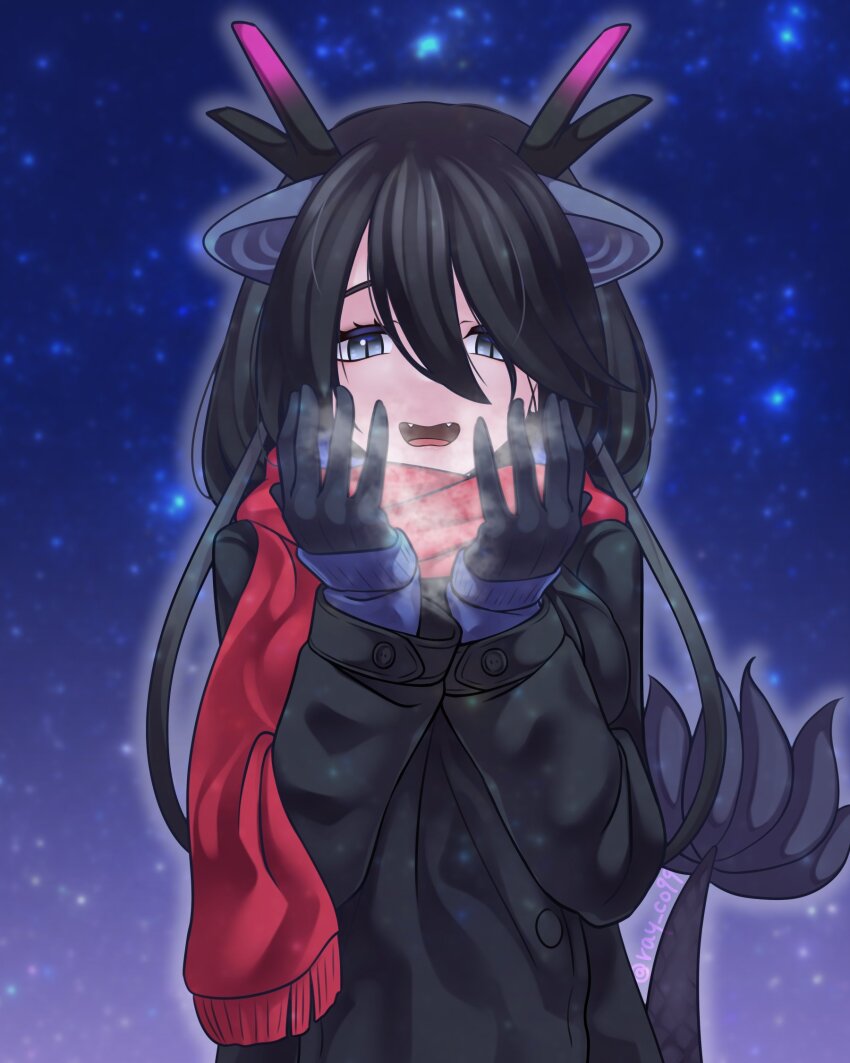 1girl alternate_costume animal_ears black_coat black_dragon_(kemono_friends) black_gloves black_hair blue_hair blue_sweater blush breath casual coat cowboy_shot dragon_ears dragon_girl dragon_horns dragon_tail fangs gloves grey_eyes hair_between_eyes highres horns kemono_friends long_hair long_sleeves multicolored_hair night night_sky open_mouth ray_co99 red_scarf scarf sidelocks sky solo sweater tail
