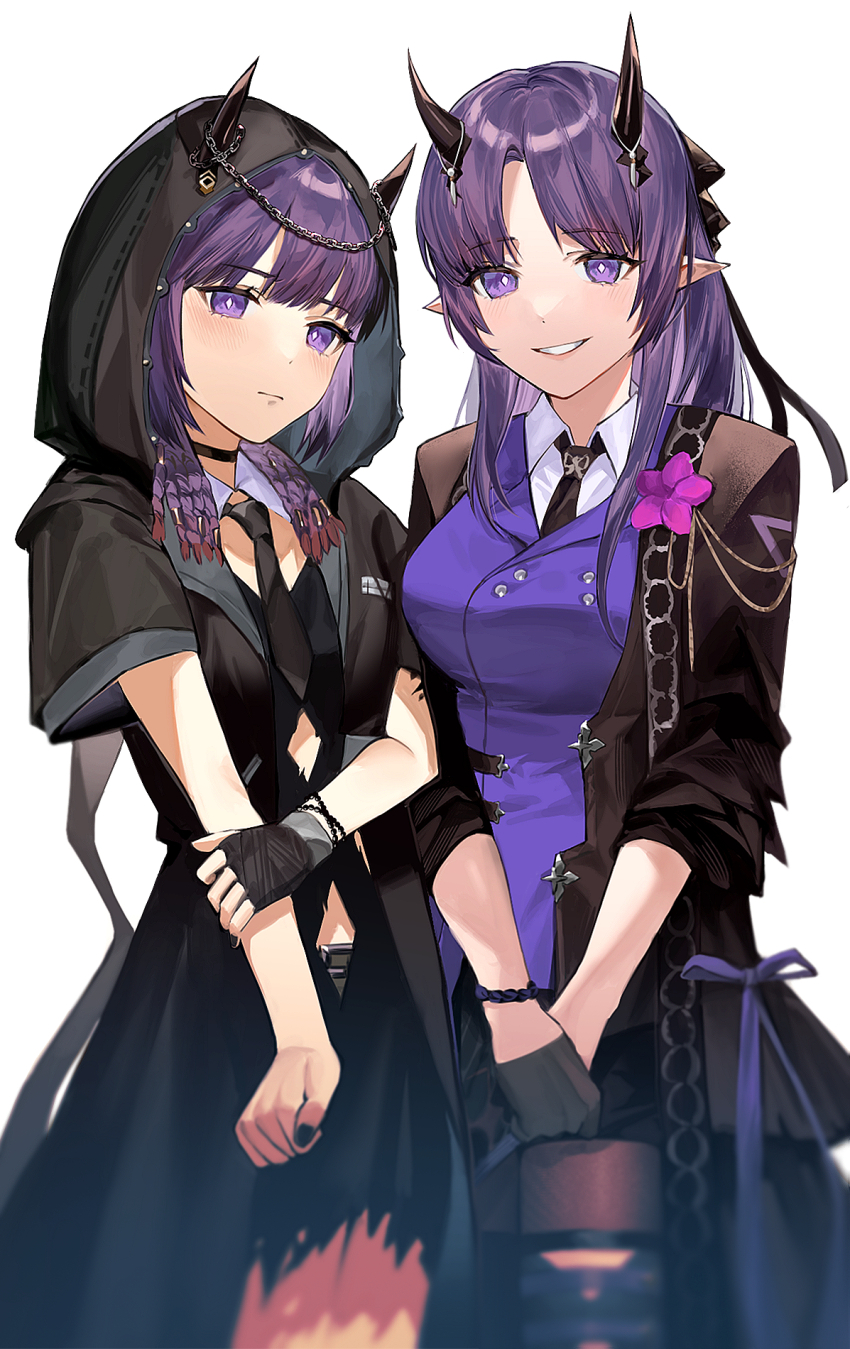 2girls arknights black_gloves black_jacket black_nails black_necktie black_shorts breasts brown_pantyhose closed_mouth collared_shirt gloves grin half_gloves hibiscus_(arknights) hibiscus_the_purifier_(arknights) highres hood hood_up hooded_jacket horns horns_through_headwear jacket lava_(arknights) lava_the_purgatory_(arknights) looking_at_viewer medium_breasts multiple_girls nail_polish necktie open_clothes open_jacket oxy_(ho2) pantyhose pantyhose_under_shorts parted_bangs pointy_ears purple_eyes purple_hair purple_vest shirt short_shorts shorts siblings simple_background single_glove sisters smile vest white_background white_shirt