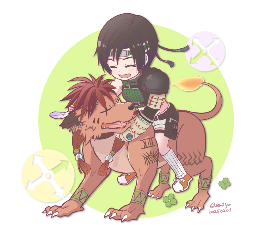 1boy 1girl asami_yutori bracelet brown_hair closed_eyes commentary_request dated deformed facing_another final_fantasy final_fantasy_vii final_fantasy_vii_rebirth final_fantasy_vii_remake flame-tipped_tail full_body green_sweater headband jewelry open_mouth orange_fur orange_shoes red_hair red_xiii ribbed_sweater shoes short_hair shorts single_shoulder_pad sitting sleeveless sleeveless_turtleneck smile socks sweater turtleneck turtleneck_sweater twitter_username white_socks yuffie_kisaragi