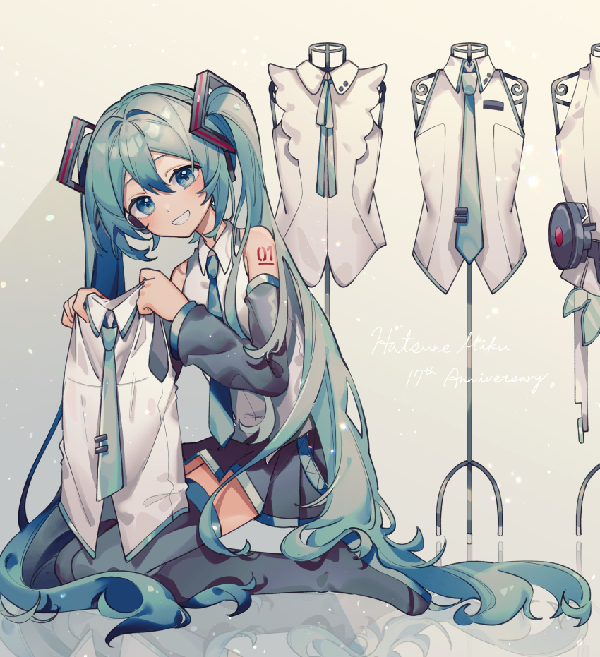 absurdres aqua_eyes aqua_hair aqua_necktie arm_tattoo bare_shoulders birthday blush boots character_name collared_shirt commentary_request detached_sleeves full_body grin hair_between_eyes hatsune_miku hatsune_miku_(append) hatsune_miku_(vocaloid3) hatsune_miku_(vocaloid4) headphones highres holding holding_shirt holding_unworn_clothes kneeling light_particles long_sleeves looking_at_viewer mannequin necktie pleated_skirt reflection sazanami_(ripple1996) shirt skirt sleeveless sleeveless_shirt smile solo tattoo thigh_boots tie_clip twintails unworn_clothes unworn_shirt vocaloid vocaloid_append