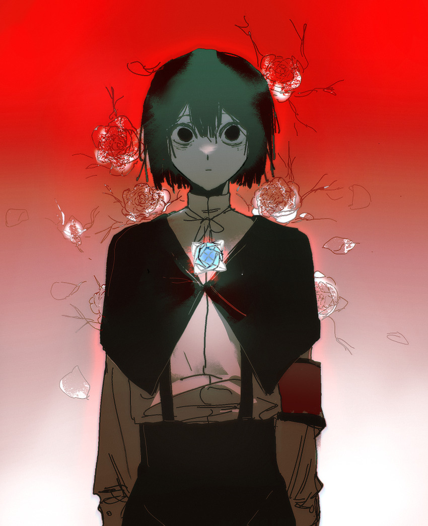 1other androgynous armband black_capelet black_eyes black_hair black_pants capelet catt_(project_moon) chinese_commentary closed_mouth colored_skin commentary_request cowboy_shot double-parted_bangs empty_eyes flower gradient_background heibaihuabing highres other_focus pants project_moon red_armband rose shirt short_hair solo suspenders white_shirt white_skin wide-eyed wonderlab