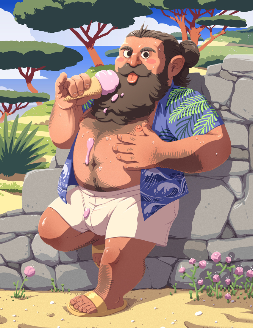 1boy :p against_wall bara beard belly blush_stickers bulge chuchugelee day dungeon_meshi dwarf facial_hair fat fat_man food food_on_body food_on_clothes hairy hawaiian_shirt highres holding holding_food holding_ice_cream ice_cream knuckle_hair licking long_beard male_focus melting mustache official_alternate_costume open_clothes open_shirt senshi_(dungeon_meshi) shirt shorts solo summer sunlight sweat thick_arm_hair thick_chest_hair thick_leg_hair thick_mustache thick_navel_hair tongue tongue_out