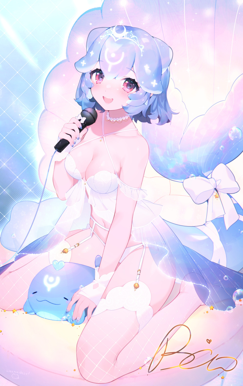 1girl absurdres bao_(vtuber) blue_hair blue_nails bow breasts character_name commentary english_commentary highres holding holding_microphone indie_virtual_youtuber jewelry madi_(weeniedesu) microphone necklace pearl_necklace short_hair solo virtual_youtuber whale whale_girl white_bow