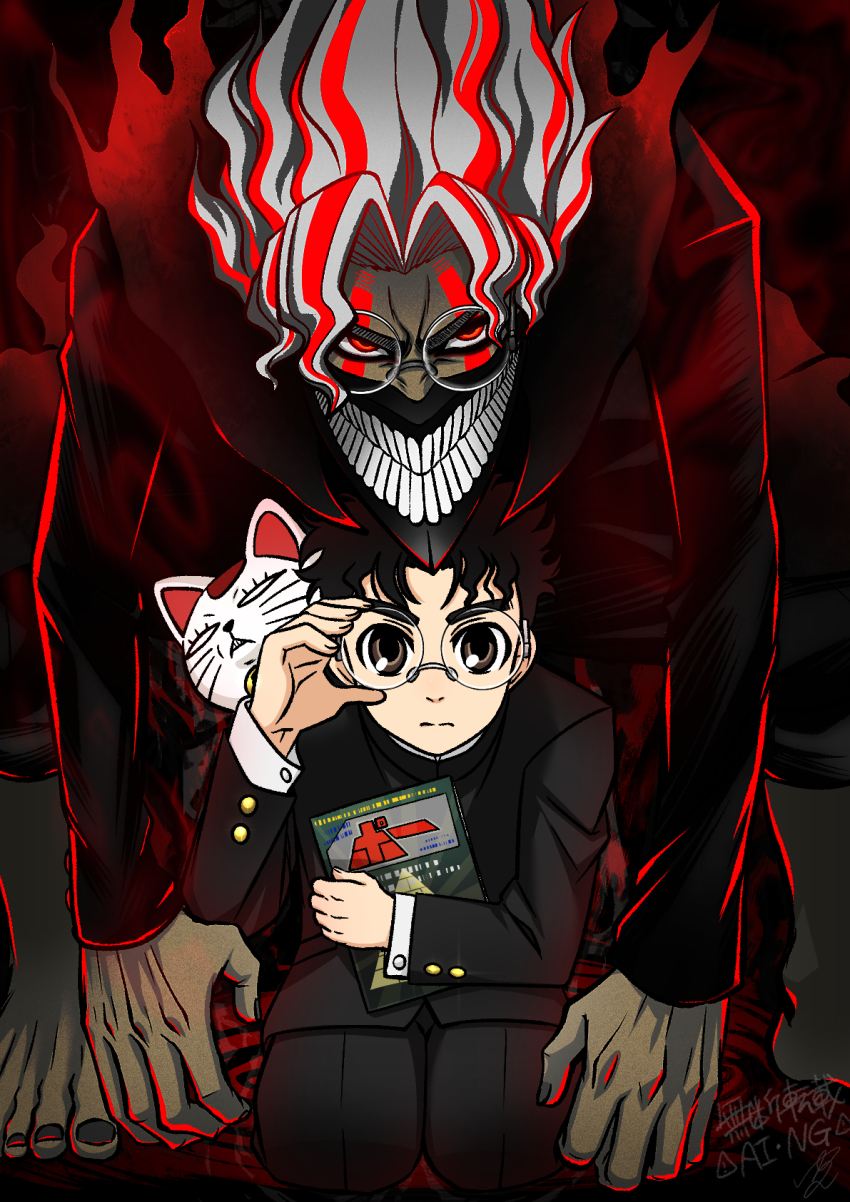 2boys adjusting_eyewear alternate_form barefoot black_hair black_jacket book brown_eyes cat colored_skin cowboy_shot dandadan dual_persona facial_mark gakuran glasses grey_skin highres holding holding_book jacket long_sleeves looking_at_viewer male_focus mask mouth_mask multicolored_hair multiple_boys red_eyes red_hair round_eyewear school_uniform serious straight-on takakura_ken_(dandadan) takakura_ken_(transformed)_(dandadan) transformation turbo_granny_(dandandan) two-tone_hair white_hair yuuri_(fukuroudou)