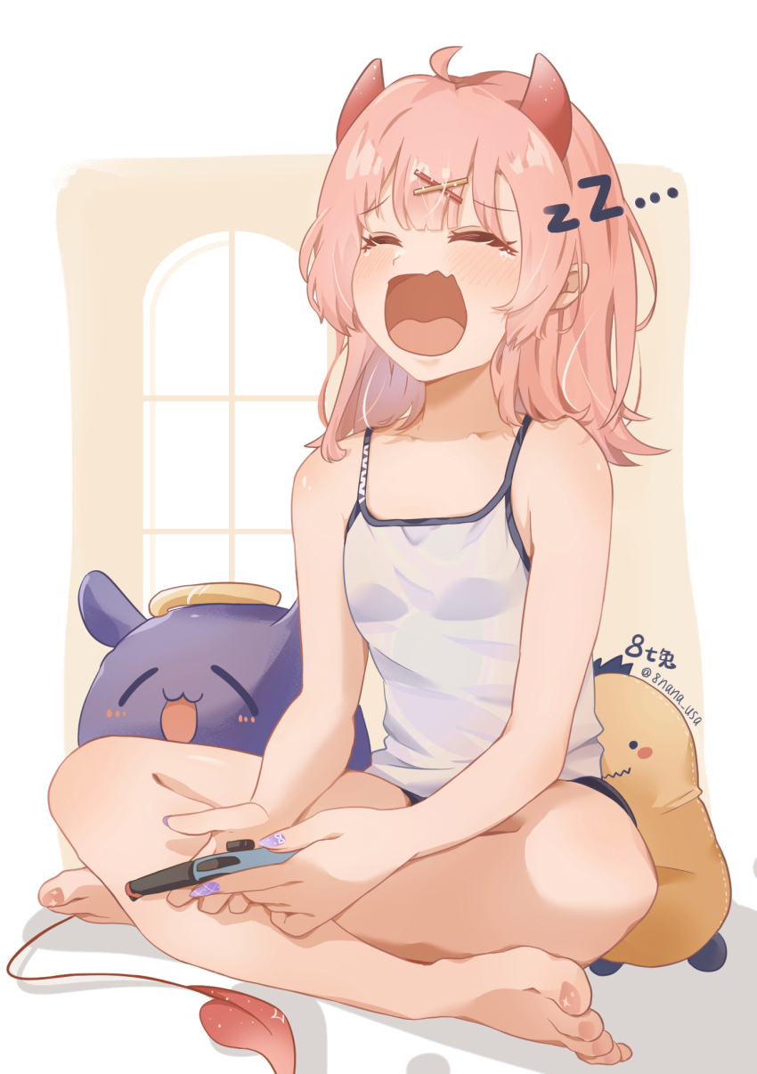 1girl 8_nana_usagi barefoot breasts camisole closed_eyes demon_girl demon_horns demon_tail fang fingernails full_body hair_ornament hairclip handheld_game_console highres holding holding_handheld_game_console horns indian_style long_fingernails medium_hair nail_polish nintendo_switch open_mouth original pink_hair pink_horns pink_tail purple_nails sitting skin_fang small_breasts solo tail toenails toes white_camisole x_hair_ornament yawning zzz