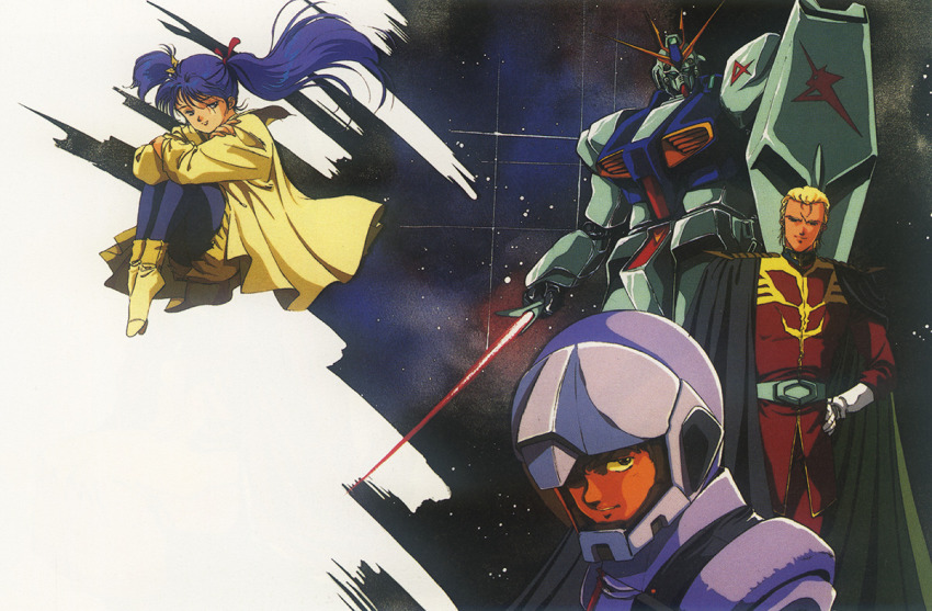 1980s_(style) 1girl 2boys amuro_ray anaheim_electronics energy_sword belt blonde_hair blue_hair boots cape char&#039;s_counterattack char_aznable emblem gloves gundam helmet in_orbit key_visual kneeling looking_at_viewer mecha mikimoto_haruhiko military_uniform mobile_suit multiple_boys nebula neo_zeon nu_gundam official_art oldschool pilot_suit production_art promotional_art quess_paraya retro_artstyle robot roundel scan serious shield sitting space star_(symbol) star_symbol_background v-fin