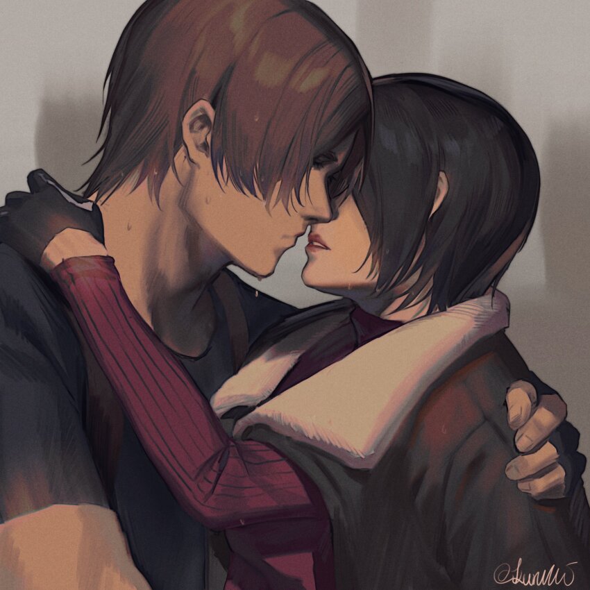 1boy 1girl ada_wong black_gloves black_hair blue_skirt brown_hair brown_jacket commentary couple english_commentary fingerless_gloves fur-trimmed_jacket fur_trim gloves hand_on_another&#039;s_shoulder highres imminent_kiss jacket jacket_on_shoulders kurumi031212 leon_s._kennedy lips long_sleeves parted_lips profile red_lips red_sweater resident_evil resident_evil_4 resident_evil_4_(remake) ribbed_sweater short_hair short_sleeves signature skirt sweater three_quarter_view upper_body wet wet_hair