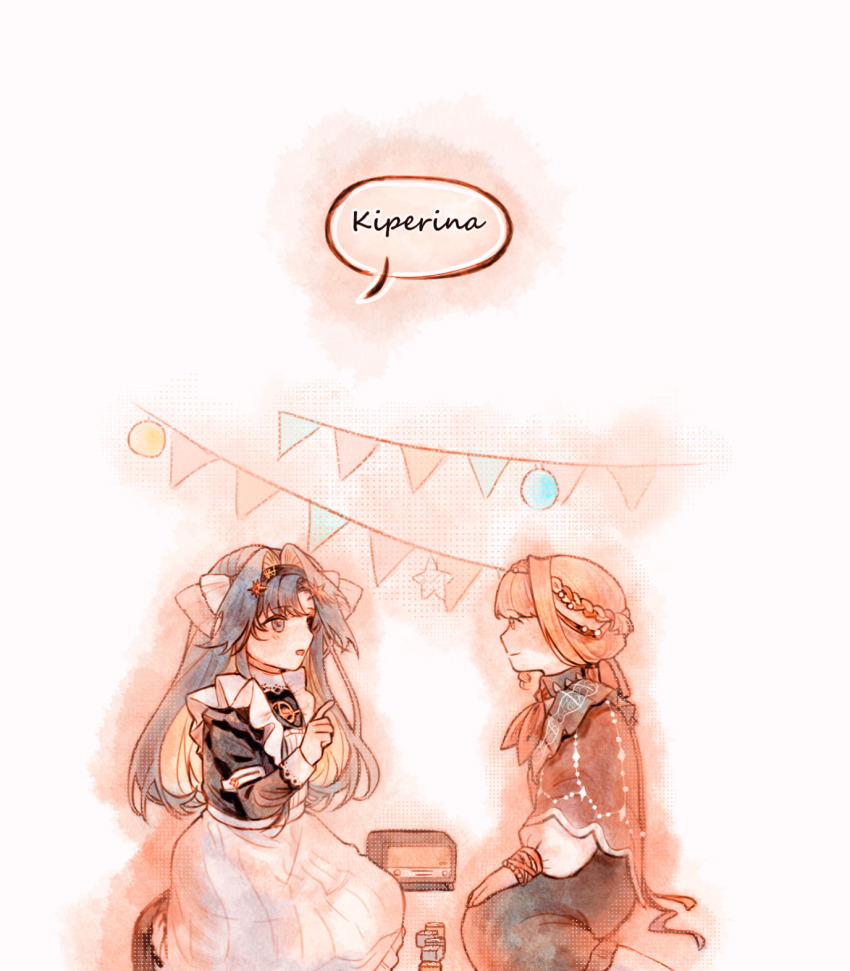 2girls apron black_dress black_hairband block_(object) blonde_hair blue_eyes blue_hair braid braided_bangs cape character_name ciaosalut colored_inner_hair dress english_text face-to-face frilled_apron frills hair_intakes hair_ornament hair_ribbon hairband highres kiperina long_hair looking_at_another low_ponytail multicolored_hair multiple_girls pointing pointing_at_another ponytail profile radio red_cape red_ribbon reverse:1999 ribbon school_uniform soviet_school_uniform speech_bubble star_(symbol) star_hair_ornament string_of_flags voyager_(reverse:1999) white_apron white_background