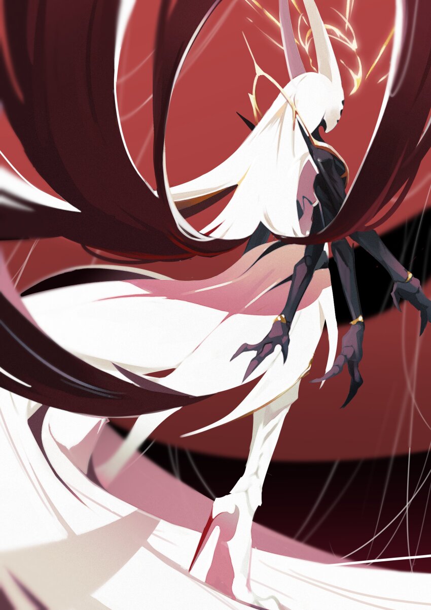 1girl absurdres arthropod_girl extra_arms from_behind highres hollow_knight hollow_knight:_silksong horned_mask hornet_(hollow_knight) horns long_hair mask no_humans old-night solo very_long_hair white_hair white_mask