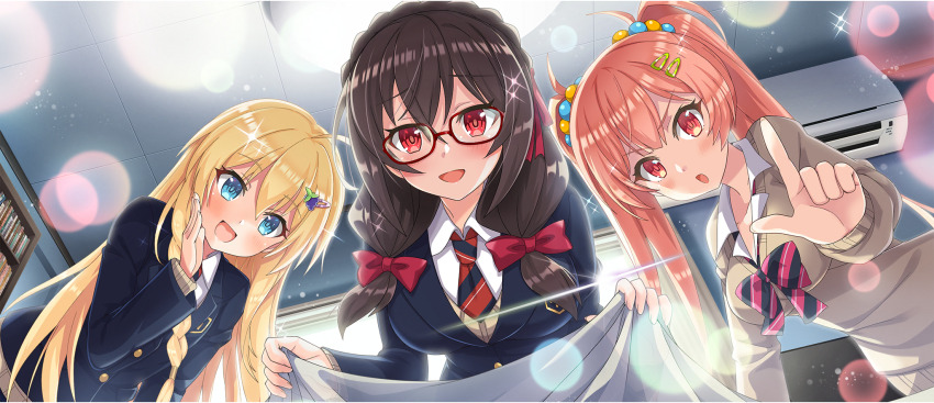 3girls :d :o air_conditioner bedroom bespectacled black_bow black_bowtie blanket blazer blonde_hair blue_eyes blue_jacket blue_necktie bookshelf bow bowtie braid breasts brown_hair brown_sweater ceiling collarbone collared_shirt crown_braid diagonal-striped_bow diagonal-striped_bowtie diagonal-striped_clothes diagonal-striped_necktie emblem erika_(konosuba) food-themed_hair_ornament from_below fruit_hair_ornament game_cg glasses grape_hair_ornament hair_between_eyes hair_bow hair_ornament hair_ribbon hairclip hand_to_own_mouth highres holding holding_blanket index_finger_raised indoors iris_(konosuba) jacket kono_subarashii_sekai_ni_shukufuku_wo! konosuba!_fantastic_days large_breasts leaning_forward light_blush long_hair looking_at_viewer low_twintails multiple_girls necktie official_alternate_costume official_art open_mouth partially_unbuttoned pink_bow pink_bowtie pink_eyes pink_hair raised_eyebrows red-framed_eyewear red_bow red_eyes red_necktie red_ribbon ribbon school_emblem school_uniform shirt side_braid sidelocks small_breasts smile striped_clothes sweater thumb twintails two-tone_bow two-tone_bowtie two-tone_necktie v-shaped_eyebrows very_long_hair waking_another whispering white_shirt window yunyun_(konosuba)