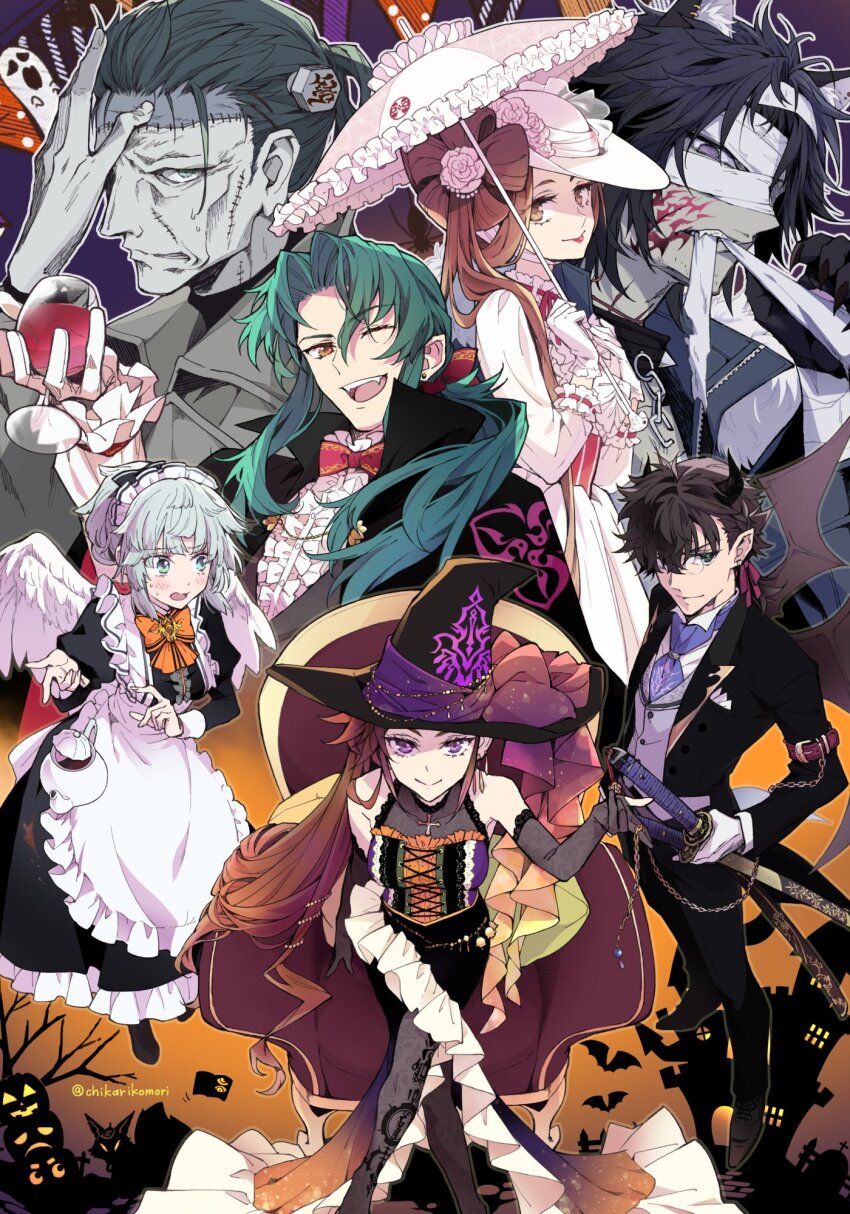 3girls 4boys alternate_costume angel_wings animal_costume animal_ear_fluff animal_ear_piercing animal_ears apron arm_belt ascot bandaged_head bandages bat_wings belt biting black_dress black_hair black_jacket blush bolt_(hardware) bow bowtie brown_eyes brown_hair castle chain chiemon_(fate) chikariya collared_vest colored_skin cosplay crimson_codex_(fate) cup dorothea_coyett dracula dracula_(cosplay) dress drinking_glass earrings elbow_gloves fangs fate/samurai_remnant fate_(series) flower frankenstein&#039;s_monster frankenstein&#039;s_monster_(cosplay) frilled_apron frilled_dress frilled_umbrella frills gloves green_eyes green_hair grey_hair grey_skin grey_vest hair_flower hair_ornament halloween halloween_costume hat highres jack-o&#039;-lantern jacket jewelry juliet_sleeves katana kishimen_hair leg_tattoo long_hair long_sleeves looking_at_viewer low_ponytail maid maid_headdress miyamoto_iori_(fate) monocle multiple_boys multiple_girls object_through_head one_eye_closed orange_bow orange_eyes ponytail puffy_sleeves purple_eyes red_bow red_lips scar scar_on_face screw_in_head sitting standing stitched_face stitches sweat sword tailcoat takao_dayu_(fate) tamamo_(fate) tamamo_aria_(fate) tattoo tsuchimikado_yasuhiro_(fate) turtleneck umbrella vampire_costume vest weapon werewolf werewolf_costume white_dress white_gloves white_hat wine_glass wings witch_hat wolf_costume wolf_ears yui_shousetsu_(fate) zheng_chenggong_(fate)