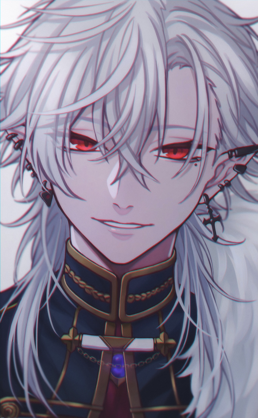 1boy absurdres blue_gemstone commentary cross cross_earrings crossed_bangs ear_piercing earclip earrings fur_trim gem hair_between_eyes hashtag-only_commentary high_collar highres hoop_earrings jacket jewelry kuzuha_(2nd_costume)_(nijisanji) kuzuha_(nijisanji) long_hair looking_at_viewer male_focus mole mole_under_eye moxamog nijisanji parted_lips piercing pointy_ears portrait red_eyes simple_background smile solo teeth virtual_youtuber white_background white_hair