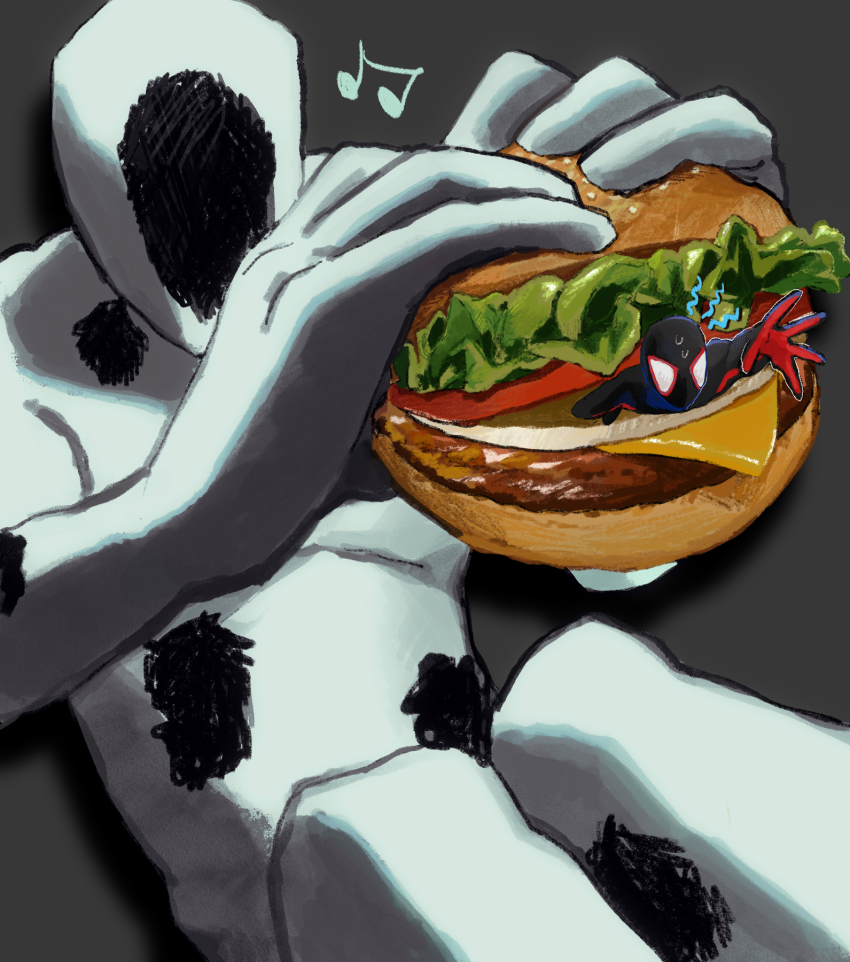 1boy burger commentary_request food grey_background highres holding holding_burger holding_food in_food male_focus marvel miles_morales mini_person miniboy musical_note simple_background solo spider-man:_across_the_spider-verse spider-man_(series) spider-verse spot_(marvel) superhero_costume tami_tome_mo