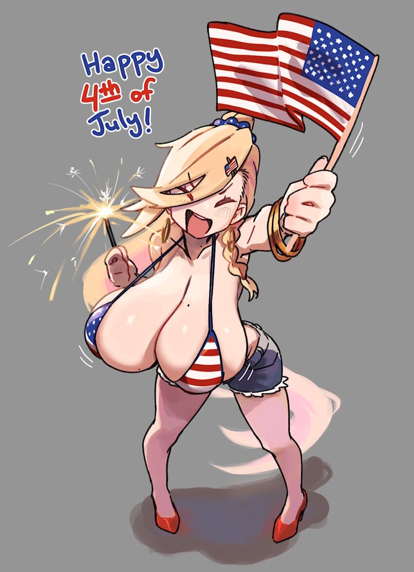 1girl american_flag american_flag_bikini american_flag_print arm_up bare_legs bare_shoulders bikini blonde_hair bracelet braid breasts cleavage closed_eyes collarbone commentary denim denim_shorts earrings english_commentary fireworks flag_hair_ornament flag_print flag_print_bikini fourth_of_july gyaru hair_ornament hand_up high_ponytail highres holding holding_fireworks hoop_earrings huge_breasts jewelry long_hair magister mole mole_on_breast mole_on_neck open_mouth original pandora_smith_(magister) ponytail print_bikini red_shoes shoes shorts side_braid smile solo sparkler swept_bangs swimsuit teeth upper_teeth_only very_long_hair waving waving_flag