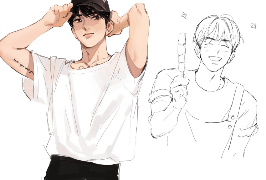 1boy arm_tattoo arms_up baseball_cap black_hair black_hat chest_tattoo closed_eyes closed_mouth food grin haotmeal hat highres holding holding_food holding_skewer k-pop male_focus multiple_views real_life shirt short_sleeves skewer smile sung_han-bin tattoo white_shirt zerobaseone