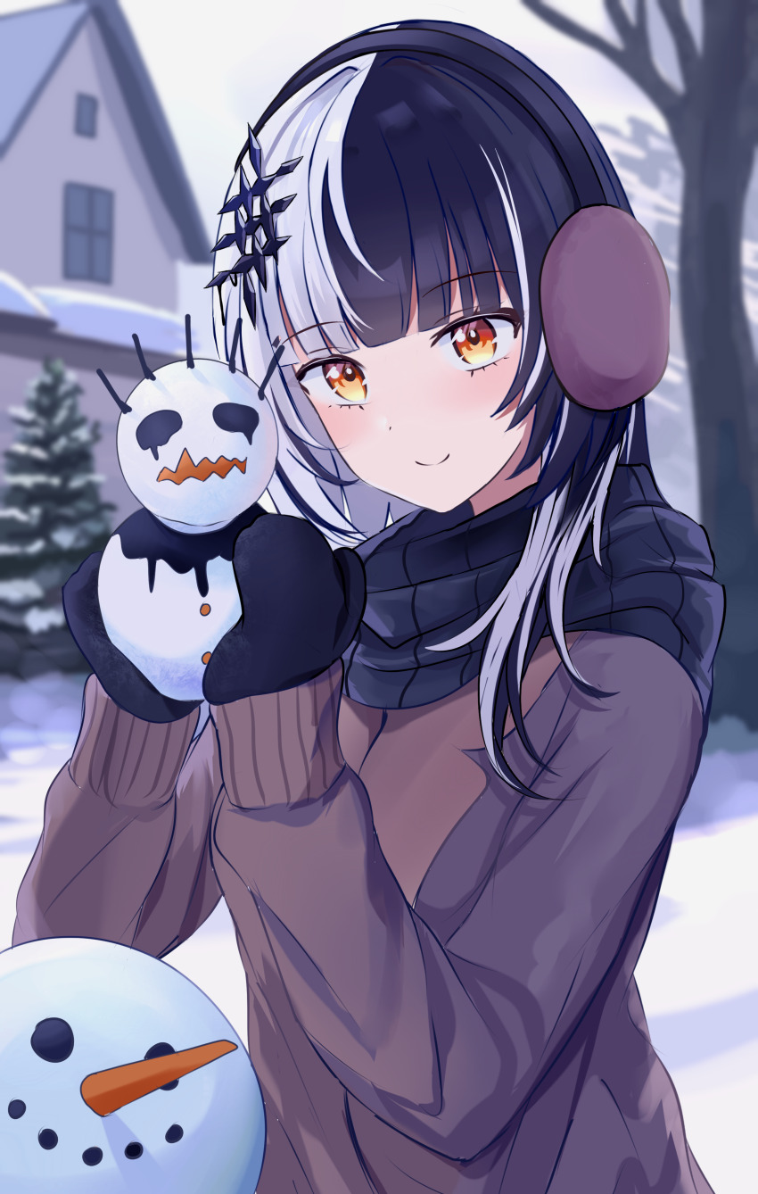 1girl absurdres alternate_costume black_hair black_mittens black_scarf brown_jacket closed_mouth commentary dot_nose earmuffs english_commentary grey_hair hair_ornament highres holding hololive hololive_english house jacket karu_(karusenpai) light_blush long_hair long_sleeves looking_at_viewer mittens multicolored_hair outdoors scarf shiori_novella smile snow snowman solo split-color_hair split_mouth tree two-tone_hair upper_body virtual_youtuber yellow_eyes yorick_(shiori_novella)