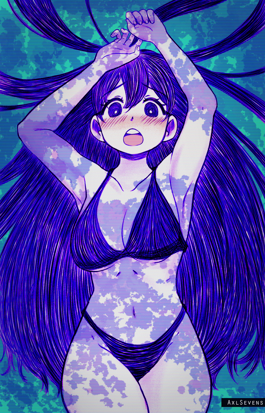 1girl absurdres axl_sevens bare_shoulders bikini black_hair breasts bright_pupils cleavage colored_skin highres long_hair looking_at_viewer mari_(headspace)_(omori) mari_(omori) omori open_mouth purple_eyes purple_hair smile swimsuit white_skin
