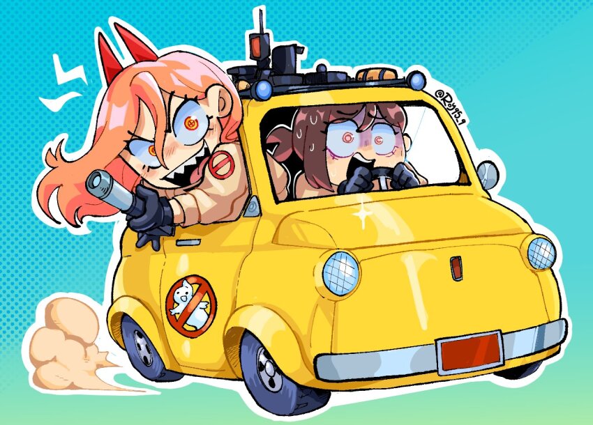 2girls antimatter_weapon artist_name black_gloves car chainsaw_man chibi crossover directed-energy_weapon energy_gun energy_weapon fang fiat_500 ghostbusters ghostbusters_uniform gloves hair_between_eyes higashiyama_kobeni horns motor_vehicle multiple_girls open_mouth particle-beam_weapon particle_thrower power_(chainsaw_man) proton_pack roy95 simple_background smile teeth tongue twitter_username vehicle_focus weapon yellow_car