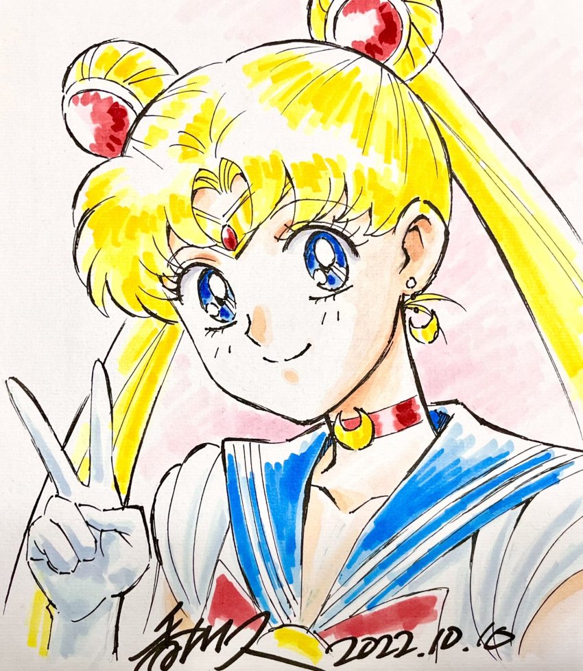 1girl artist_name bishoujo_senshi_sailor_moon blonde_hair blue_eyes choker crescent crescent_earrings earrings gloves hand_drawn highres jewelry kagawa_hisashi sailor_moon smile solo tagme tsukino_usagi twintails v
