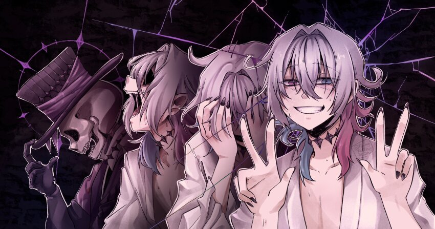 1boy argyle_clothes argyle_coat bishounen black_gloves black_nails blue_eyes blue_hair blush coat collarbone commentary covered_eyes crack cracked_glass dark_background diamond_choker double_v english_commentary eyeshadow gavis_bettel gavis_bettel_(1st_costume) gloves grey_hair grin hair_between_eyes hair_intakes hands_on_own_face hat hat_tip heterochromia highres holostars holostars_english jerry_(gavis_bettel) long_sleeves looking_at_viewer low_neckline makeup male_focus medium_hair multicolored_hair nail_polish pale_skin pink_eyes pink_eyeshadow pink_hair rainycoffeebean screaming shirt skeleton smile sweat teeth top_hat twitter_username upper_body v virtual_youtuber watermark white_shirt
