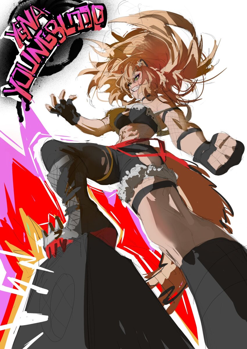 1girl black_boots black_gloves black_pants blonde_hair boots breasts chocorivarts fingerless_gloves fur_trim gloves highres hyena_ears hyena_girl hyena_tail idol_corp long_hair looking_at_viewer medium_breasts pants smile solo thigh_strap very_long_hair virtual_youtuber yena_youngblood yena_youngblood_(1st_costume)