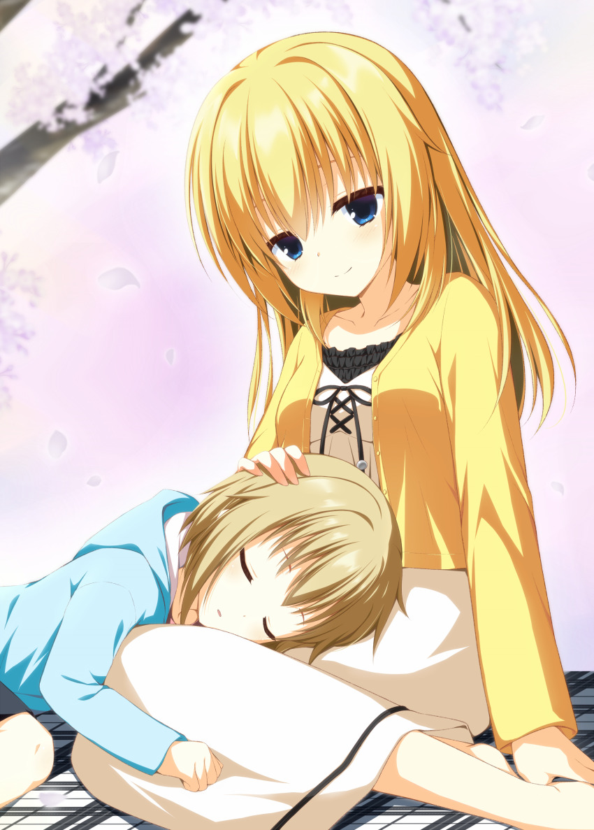 1boy 1girl absurdres aged_up asagi_nanami blonde_hair blue_eyes blue_hoodie blush cherry_blossoms child chitose_sana closed_mouth collarbone commentary_request day eyebrows_hidden_by_hair feet_out_of_frame hair_between_eyes hair_down happy headpat highres hood hood_down hoodie jacket lap_pillow long_hair long_skirt long_sleeves looking_down mother_and_son open_clothes open_jacket open_mouth outdoors partial_commentary shirt short_hair sitting skirt sleeping smile split_mouth spring_(season) straight_hair tenshinranman white_shirt white_skirt yellow_jacket yokozuwari