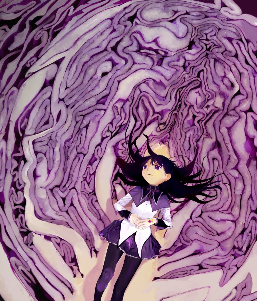 1girl absurdres akemi_homura akemi_homura_(magical_girl) black_hair cabbage cape commentary_request food frown highres long_hair long_sleeves lying magical_girl mahou_shoujo_madoka_magica mahou_shoujo_madoka_magica_(anime) mihifu monochrome on_back pleated_skirt purple_background purple_cape purple_eyes purple_skirt purple_theme school_uniform serafuku skirt solo soul_gem two-tone_capelet vegetable
