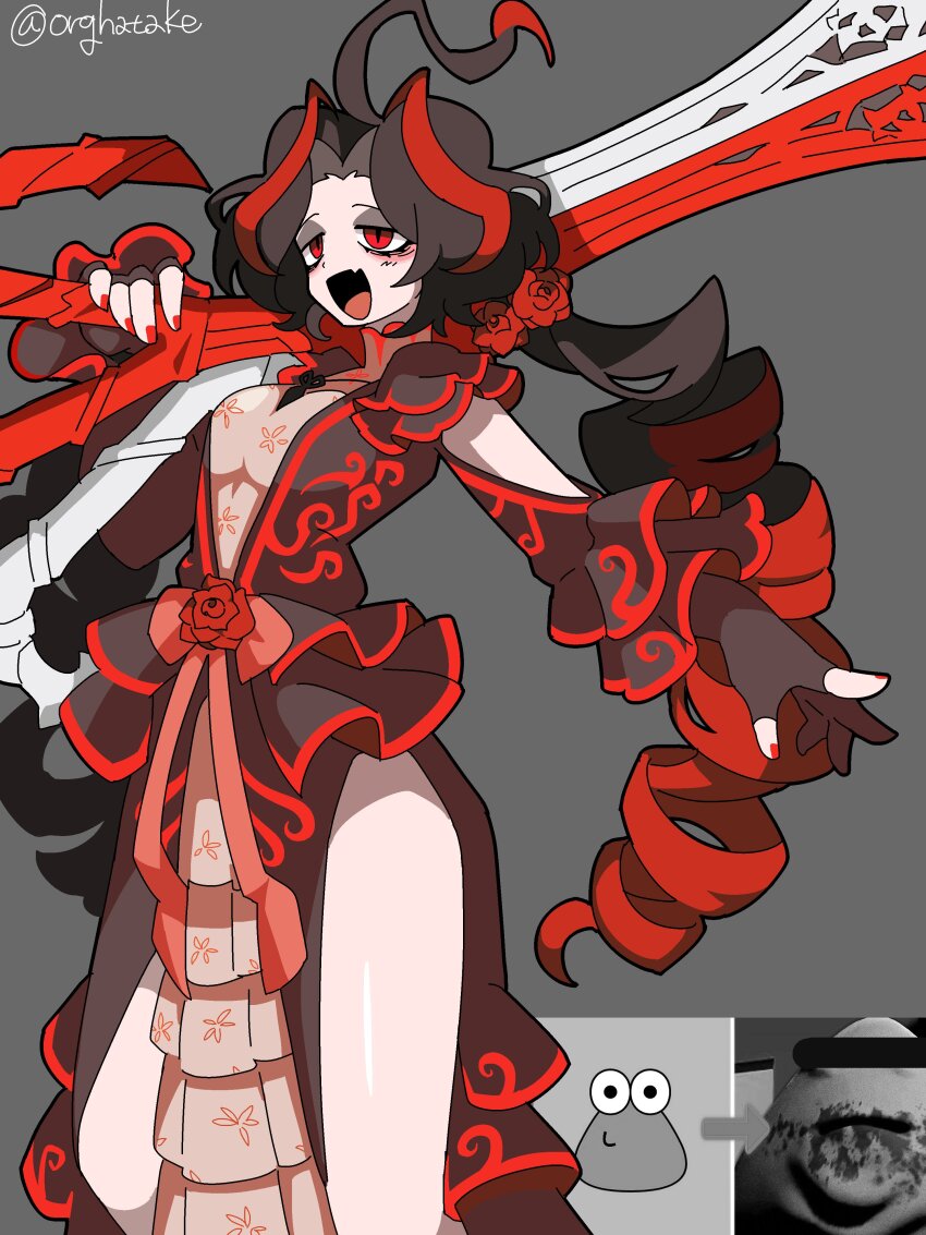 1girl absurdres ahoge black_dress black_gloves black_hair dress drill_hair elbow_gloves fingerless_gloves flower frilled_sleeves frills gloves grey_dress hair_flower hair_intakes hair_ornament highres huge_weapon kekeken limbus_company long_sleeves low_twintails nicolina_(project_moon) open_mouth pou pou_(game) project_moon red_eyes red_flower red_hair red_rose red_trim rose scissors simple_background smile solo twin_drills twintails weapon