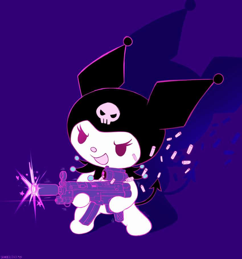 bullet full_body hat highres holding holding_weapon kuromi purple_background sanrio shadman smile tail weapon