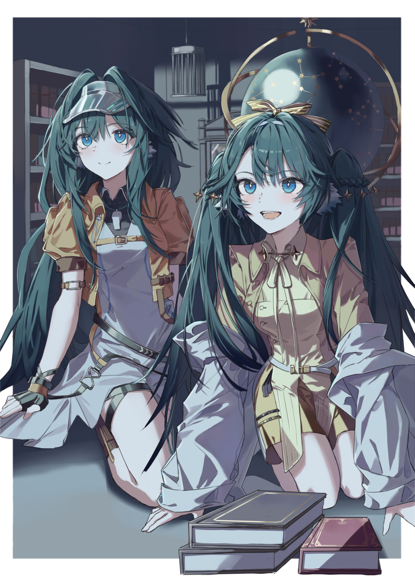 2girls :d arknights astesia_(arknights) astesia_(fantastic_crafts)_(arknights) astgenne_(arknights) astgenne_(her_aspiration)_(arknights) black_shirt blue_eyes blush book book_stack bookshelf bow braid brown_bow brown_jacket brown_shorts closed_mouth collared_shirt commentary_request constellation dress ehdghks500 green_hair hair_between_eyes hair_bow highres jacket multiple_girls open_clothes open_jacket open_mouth puffy_short_sleeves puffy_sleeves seiza shirt short_sleeves shorts sitting smile star_(symbol) striped_bow two_side_up visor_(armor) whistle whistle_around_neck white_dress