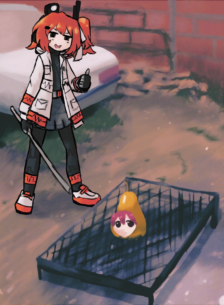 1girl a.i._voice absurdres adachi_rei black_gloves black_thighhighs brick_wall car commentary enano_bostero_asador_(meme) food fruit gloves grill headlamp headset highres holding holding_rod iesonatana jacket kasane_teto meme motor_vehicle one_side_up open_clothes open_jacket open_mouth orange_eyes orange_hair orange_trim outdoors pear pearto red_hair ribbon rod shoes smile sweater thighhighs thumbs_up turtleneck turtleneck_sweater utau white_jacket white_ribbon white_shoes
