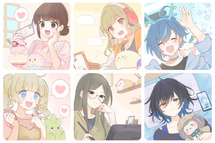 6+girls :d ^_^ ahoge animal_ear_hairband animal_ears black_eyes black_shirt blonde_hair blue_choker blue_eyes blue_hair blue_jacket blunt_bangs blush brown_eyes brown_hair bukucha_(iriam) cherry choker closed_eyes closed_mouth collarbone colored_inner_hair commentary creature dessert english_commentary fake_animal_ears food frilled_shirt frills fruit glasses green_hair grey_shirt hair_between_eyes hair_bun hairband headphones heart highres holding holding_phone holding_stylus hoshiika_(iriam) iriam jacket looking_at_object messy_hair multicolored_hair multiple_girls nekocoro_(iriam) open_mouth parted_bangs phone pillow pink_shirt sabobon_(iriam) second-party_source shirase_(shirose) shirt sidelocks smile speech_bubble star_(symbol) strawberry streaked_hair striped_clothes striped_shirt stylus tongue tsumumaru_(iriam) twintails two-tone_hair window yuramii_(iriam)