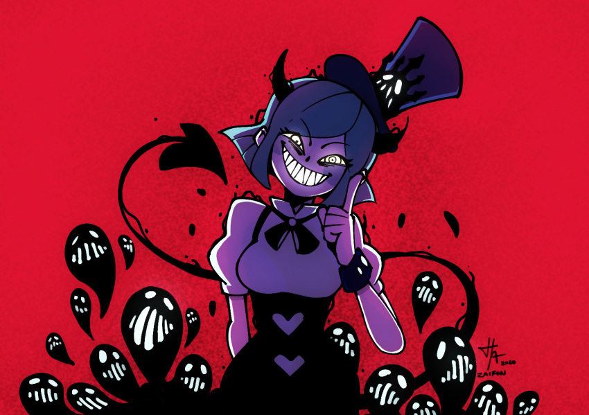 1girl black_horns black_tail blue_hair blue_shirt bow bowtie breasts colored_skin crown_hat demon_girl demon_horns demon_tail fake_type hat head_tilt highres horns princess_(fake_type) puffy_short_sleeves puffy_sleeves red_background shirt short_sleeves smile suspenders swept_bangs tail top_hat tophamhat-kyo white_skin za1f0n