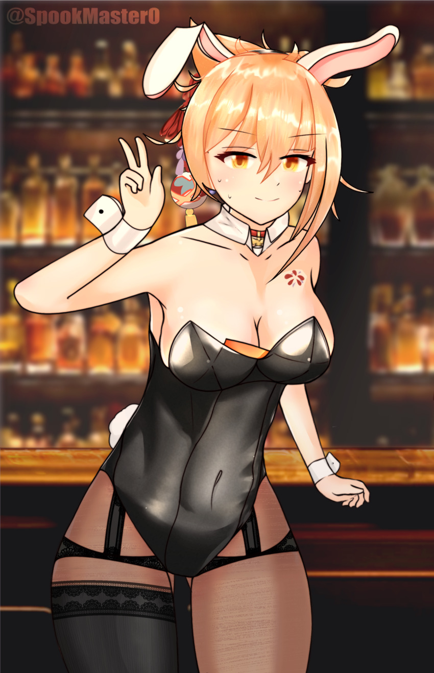 1girl absurdres animal_ear_hairband animal_ears armpits asymmetrical_hair asymmetrical_legwear blonde_hair blush breasts cleavage collarbone detached_collar fake_animal_ears fake_tail genshin_impact hair_between_eyes hair_ornament hair_ribbon hand_up highleg highleg_leotard highres large_breasts leotard looking_at_viewer orange_eyes pantyhose playboy_bunny rabbit_ear_hairband rabbit_ears rabbit_tail ribbon sideboob smile solo spookm sweatdrop tail v wrist_cuffs yoimiya_(genshin_impact)