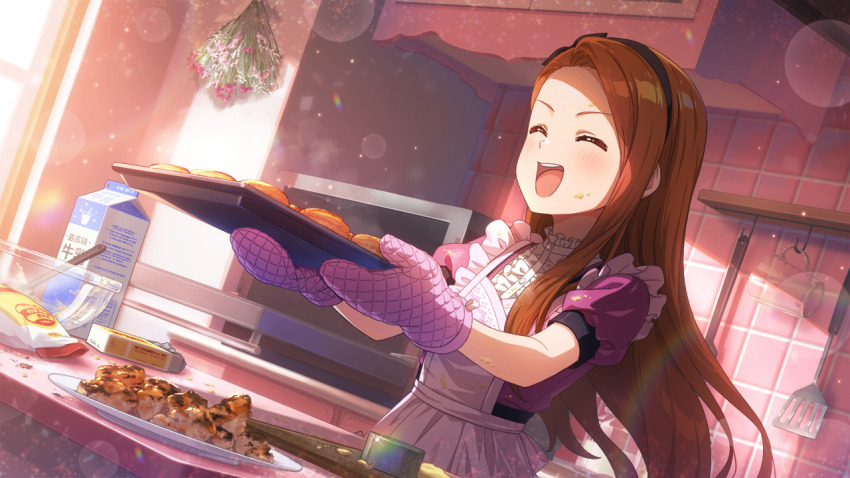 1girl apron bowl brown_hair center_frills child closed_eyes food forehead frills game_cg hairband holding idolmaster idolmaster_million_live! idolmaster_million_live!_theater_days milk_carton minase_iori official_art open_mouth oven_mitts plate puffy_sleeves solo spatula sunlight tile_wall tiles tray