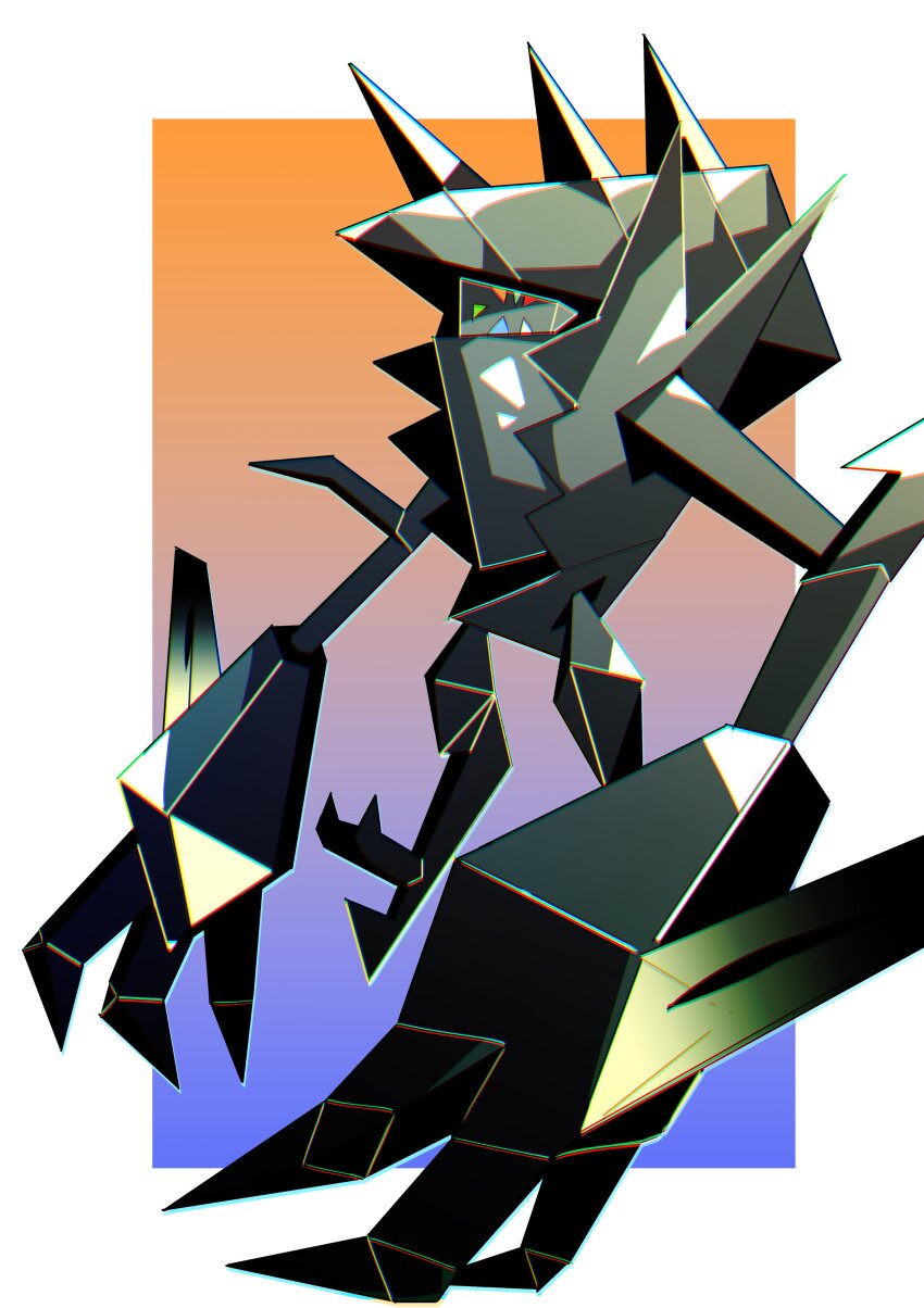 absurdres border claws expressionless full_body gen_7_pokemon gradient_background highres legendary_pokemon looking_at_viewer necrozma necrozma_(normal) nintendo no_humans pokemon pokemon_(creature) signature solo uranosaxia white_border
